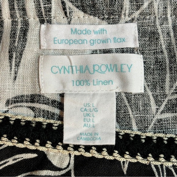 Cynthia Rowley Black & Cream Tropical Print Linen Blend Blouse Sz L - Picture 3 of 11